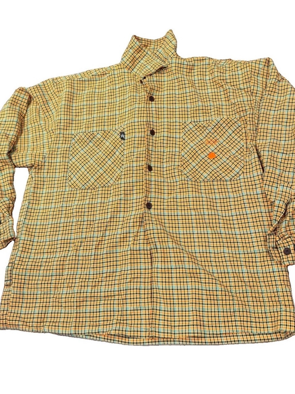 Vtg Heaven or Hell Plaid Button Up Flannel Shacket Yellow Skate Grunge Mens XL